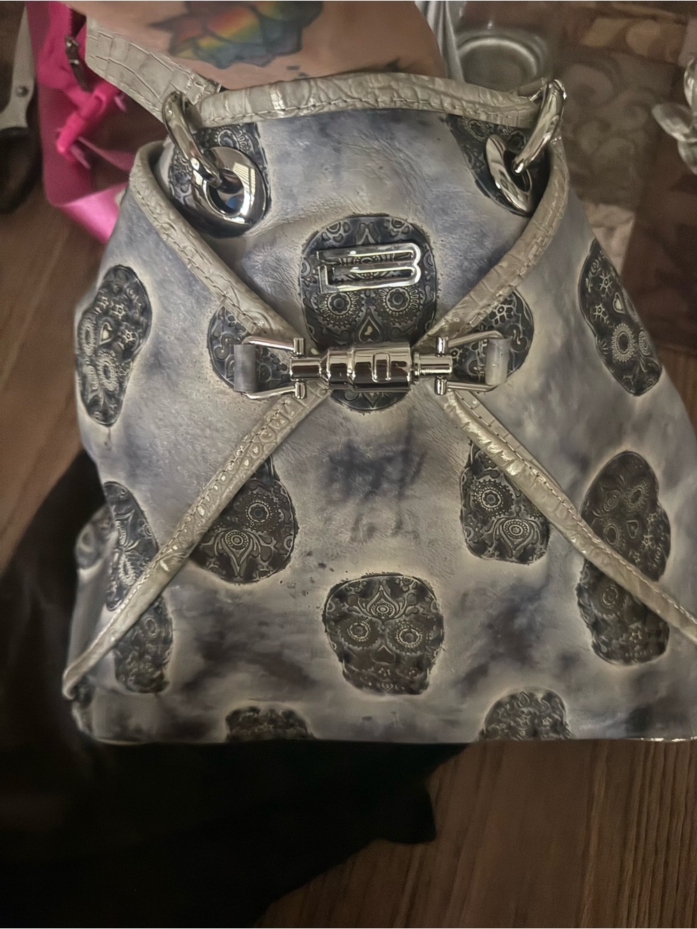 B Swanky Gray/Blue Skull-Print Drawstring Shoulder Bag